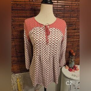 Laura Scott Coral and White Printed Tie-Neck Tunic